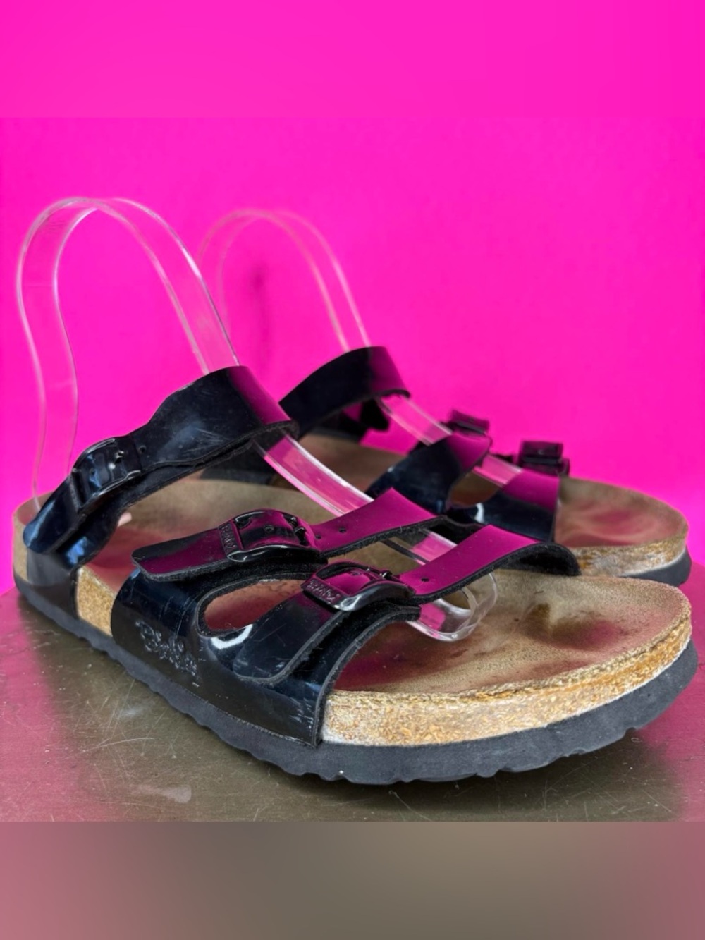 Birkenstock Birki's Florida Black Patent Leather Three Strap Sandal US 7